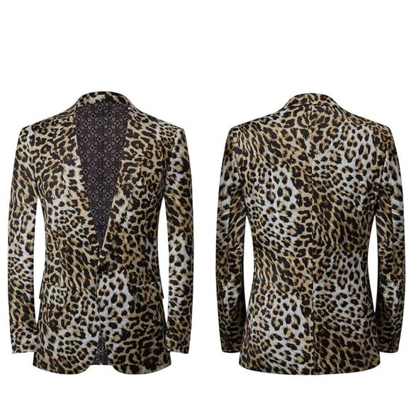 Leopard Print Mens Satin Blazer Jacket L/46 Single-Breasted Party Stage Suit - Picture 1 of 14